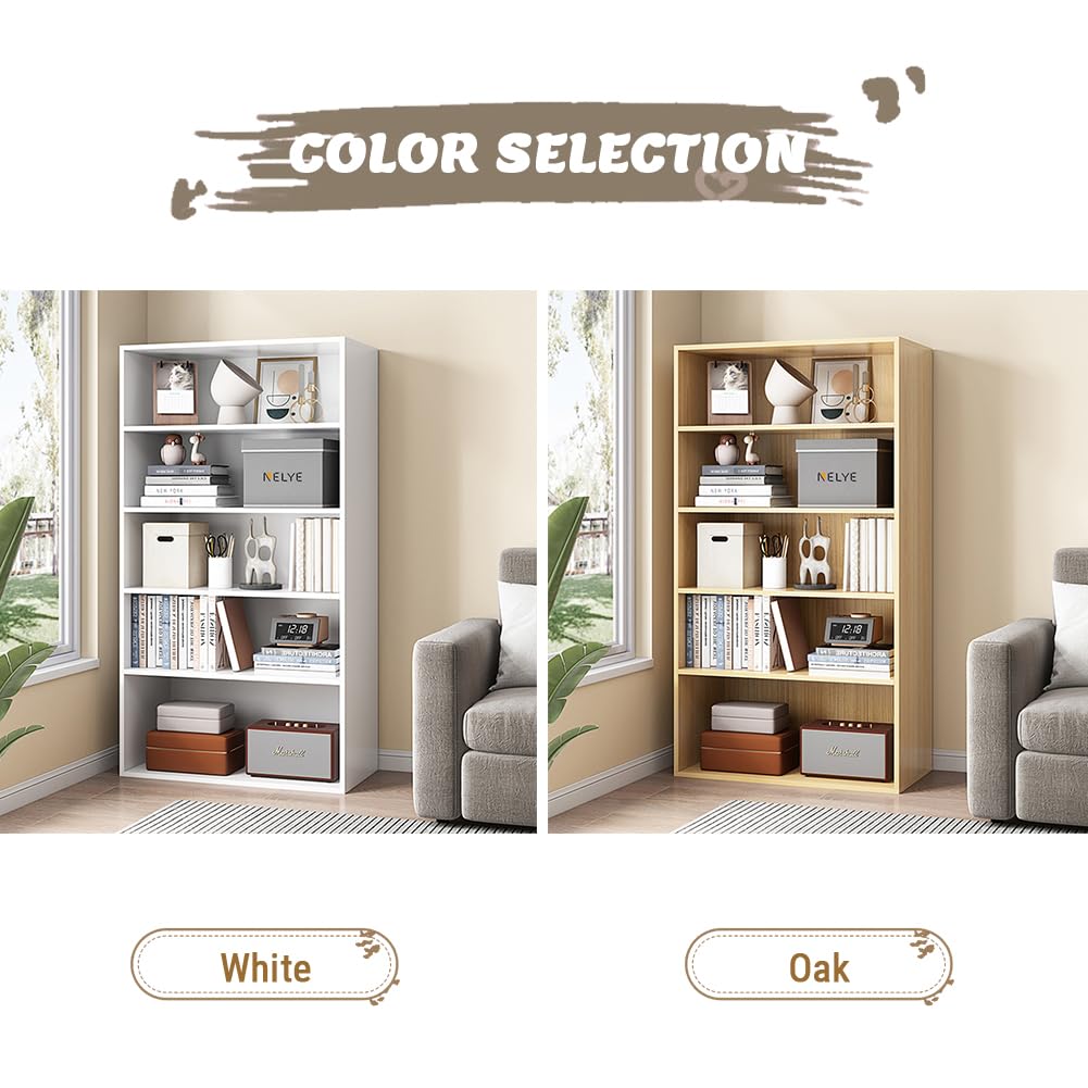 NELYE Basic Open Shelf Bookcase - 5-Tier Wooden Cube Storage Shelves Split Bookshelf, White