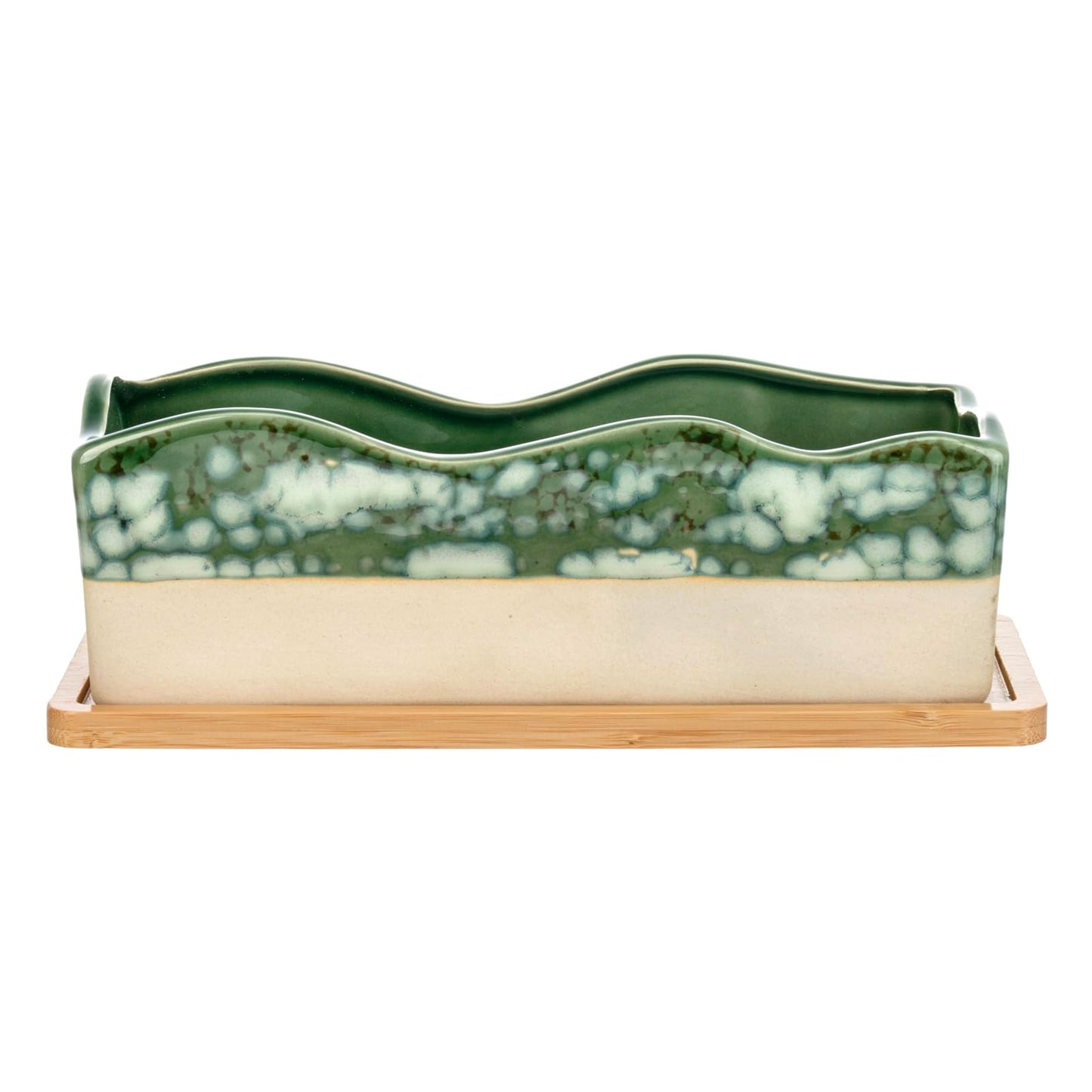 MyGift Rectangular Succulent Planter - Decorative Beige and Green Ceramic Glazed Plant Container Pot with Removable Bamboo Tray