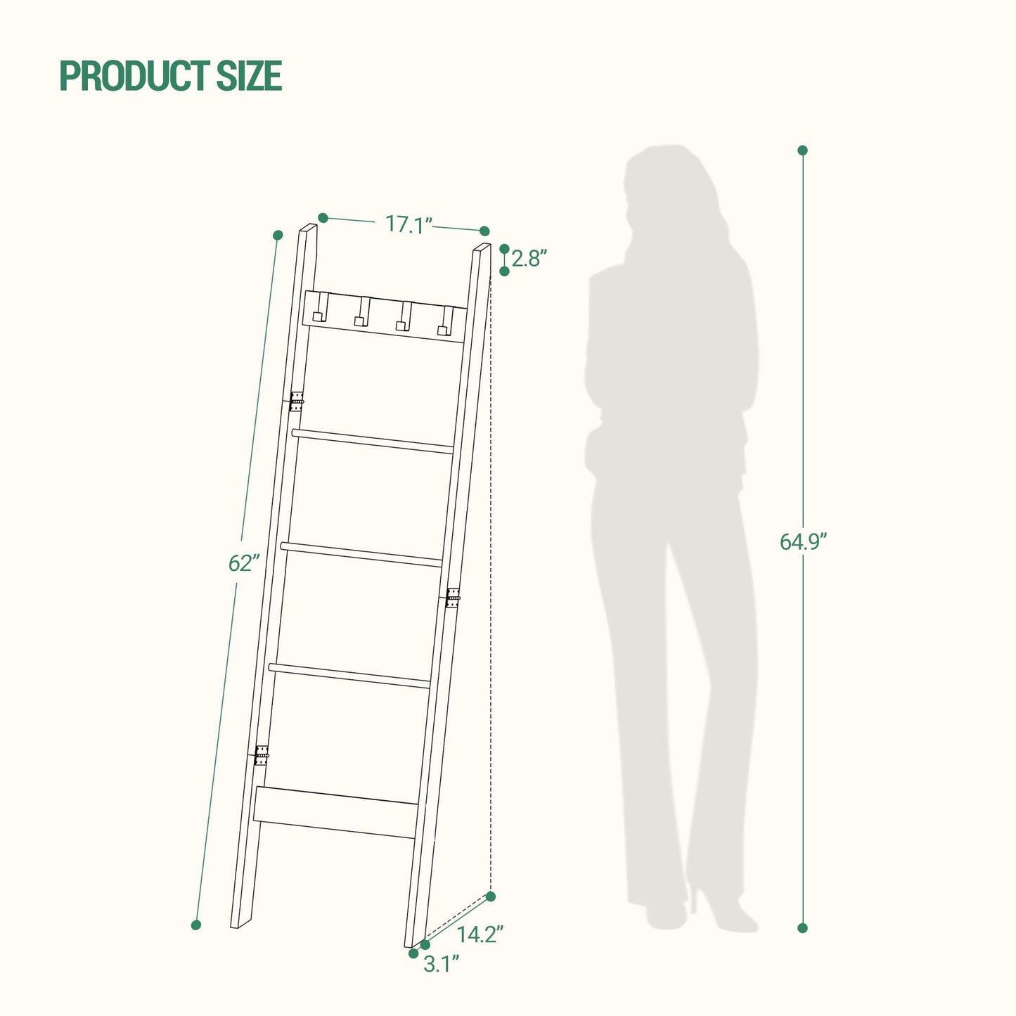 Hzuaneri Blanket Ladder for Living Room, Decorative Quilt Rack with 4 Removable Hooks, 5-Tier Farmhouse Ladder Holder Shelf Organizer for Bedroom, Black BR02104B