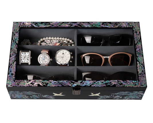 Antique Alive Mother of Pearl Wood Sunglasses Box Eyeglasses Valet Display Storage Case for Glasses, Watches, Jewelry, Trinkets Wooden Accessory Organizer Gift (Crane & Pine Glass Black)
