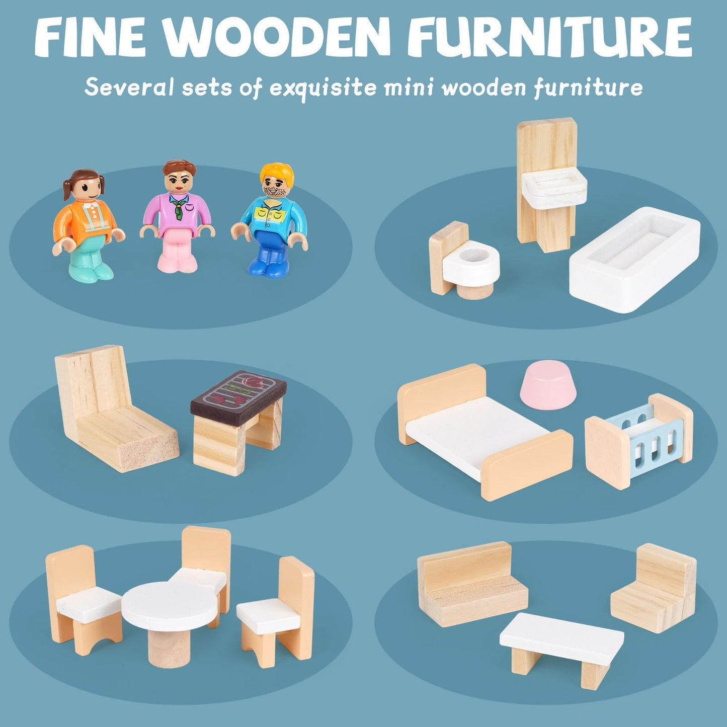 Wooden Dollhouse for Kids, 3-Story Wood Doll House Playset with Furniture, Accessories & 3 Toy Figures, DIY Pretend Play House for Toddlers, Girls & Boys, Miniature Dollhouse with Balcony Gift