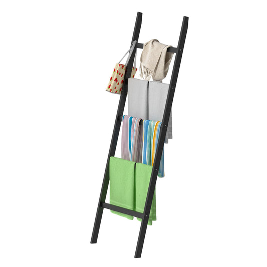 POXAKA Blanket Ladders for The Living Room, 5-Tier Blanket Holder, Wall-Leaning Blanket Rack, Ladder Shelves, Wooden Quilt Ladder, Farmhouse Decor, Scarf Ladder Shelves for Living Room, Bedroom