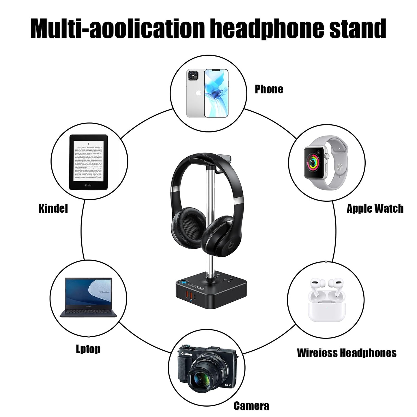 RGB Headphone Stand with USB Charger COZOO Desktop Gaming Headset Holder Hanger with 3 USB Charger and 2 Outlets - Great for Gaming, DJ, Wireless Earphone Display,Gamer PC Accessories Boyfriend Gifts