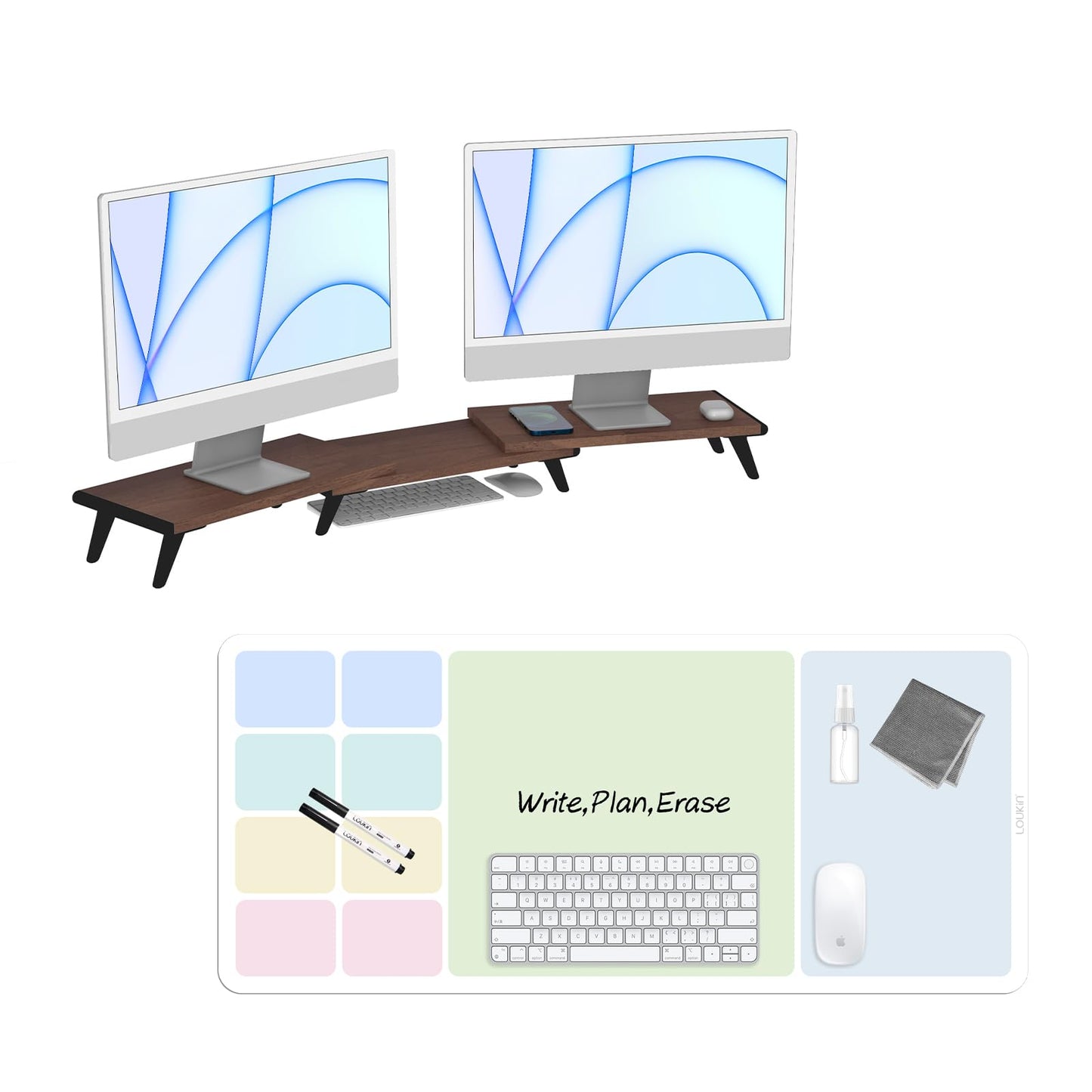 loukin 17.32"*9.84" Dual Monitor Stand Riser for Desk (Brown) | 32"x14" Erasable Dry Erase Desk Mat