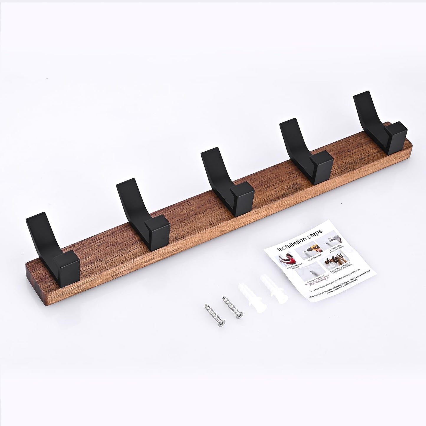 Jadorn Coat Rack Wall Mount - 16.9 Inches Coat Rack Wall Mount with 5 Hooks Walnut Wood Coat Hooks Wall Mounted Rustproof Coat Hanger Black Aluminum Wall Hooks for Hanging Coat Hat Backpack Key