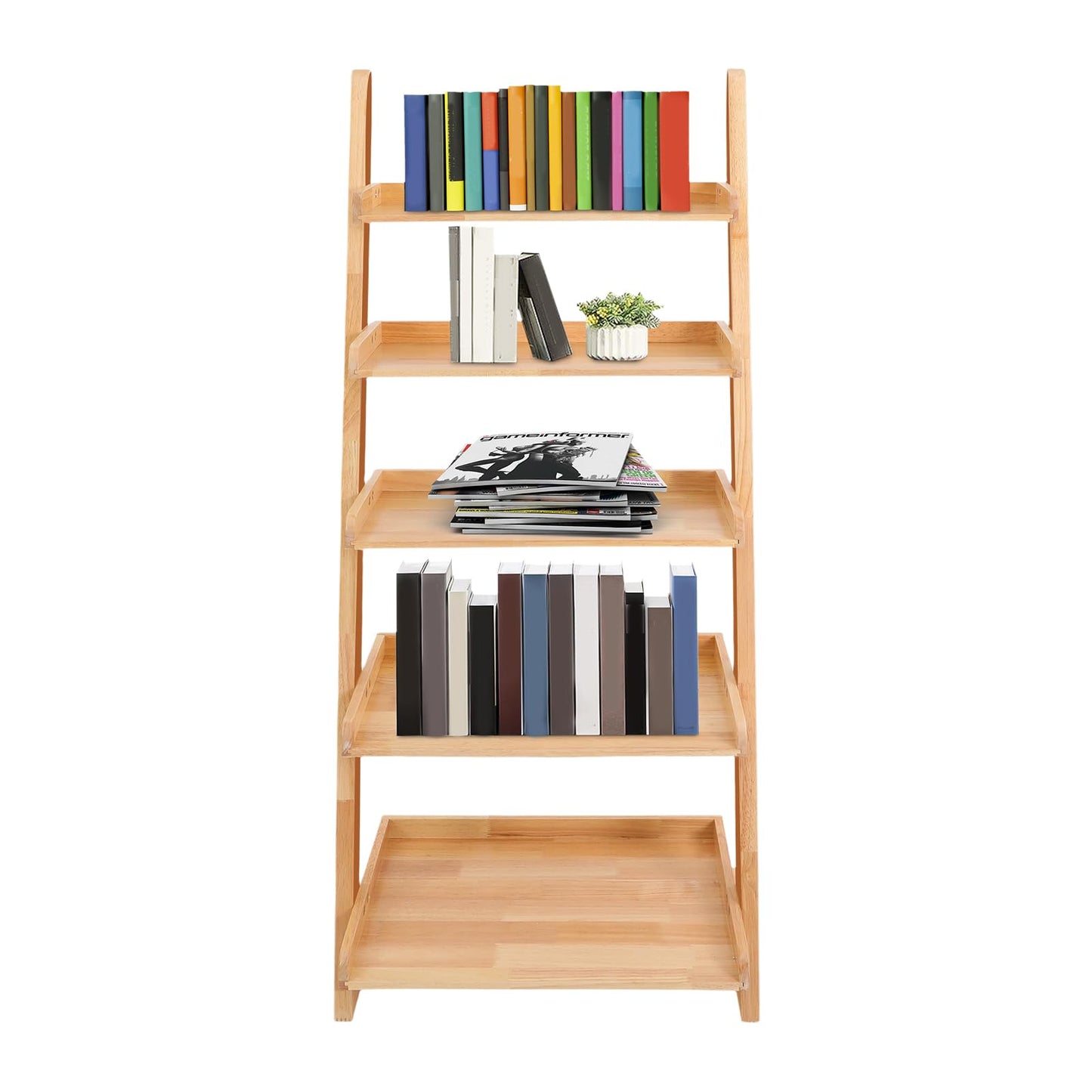 awolsrgiop Ladder Bookshelf, 5 Tier Leaning Bookshelf Leaning Ladder Shelf with Stable Structure Rustic Style Ladder Shelves Storage Rack for Living Rooms, Bedrooms, Study Rooms (Wood Color)