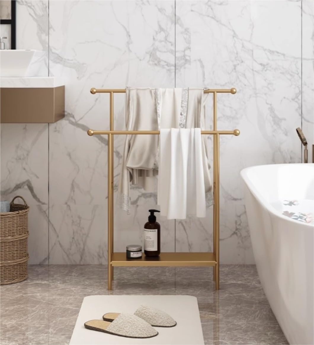 BIOMICE Floor Towel Rack 2 Tier Standing Towel Rack with Storage Shelf Iron Towel Floor Towel Stand for Bathroom Laundry Room Freestanding Towel Racks(Gold)