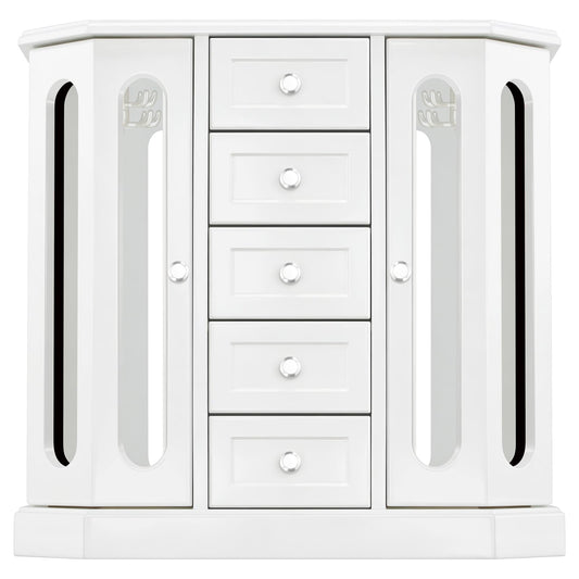 RR ROUND RICH DESIGN Vintage Jewelry Armoire with Mirror - Solid Wood Jewelry Box Organizer with 5 Drawers & 2 Glass Doors - Large Capacity Desktop Dresser Case for Rings, Earrings, Necklaces White