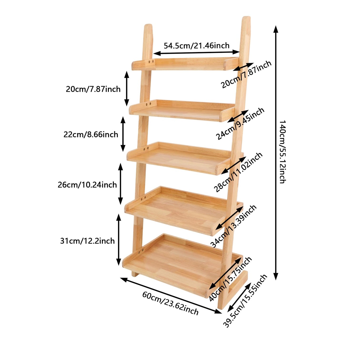 awolsrgiop Ladder Bookshelf, 5 Tier Leaning Bookshelf Leaning Ladder Shelf with Stable Structure Rustic Style Ladder Shelves Storage Rack for Living Rooms, Bedrooms, Study Rooms (Wood Color)