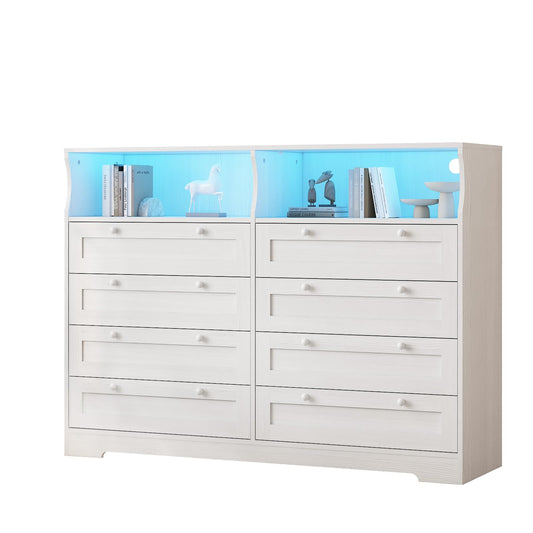 GAOMON 8 Drawer Wooden Dressers for Bedroom with Power Outlet and LED Lights, White Wood Chest of Drawers with Deep Drawer, Modern Wide TV Stand Dresser for 55" TV for Bedroom, Living Room, Hallway