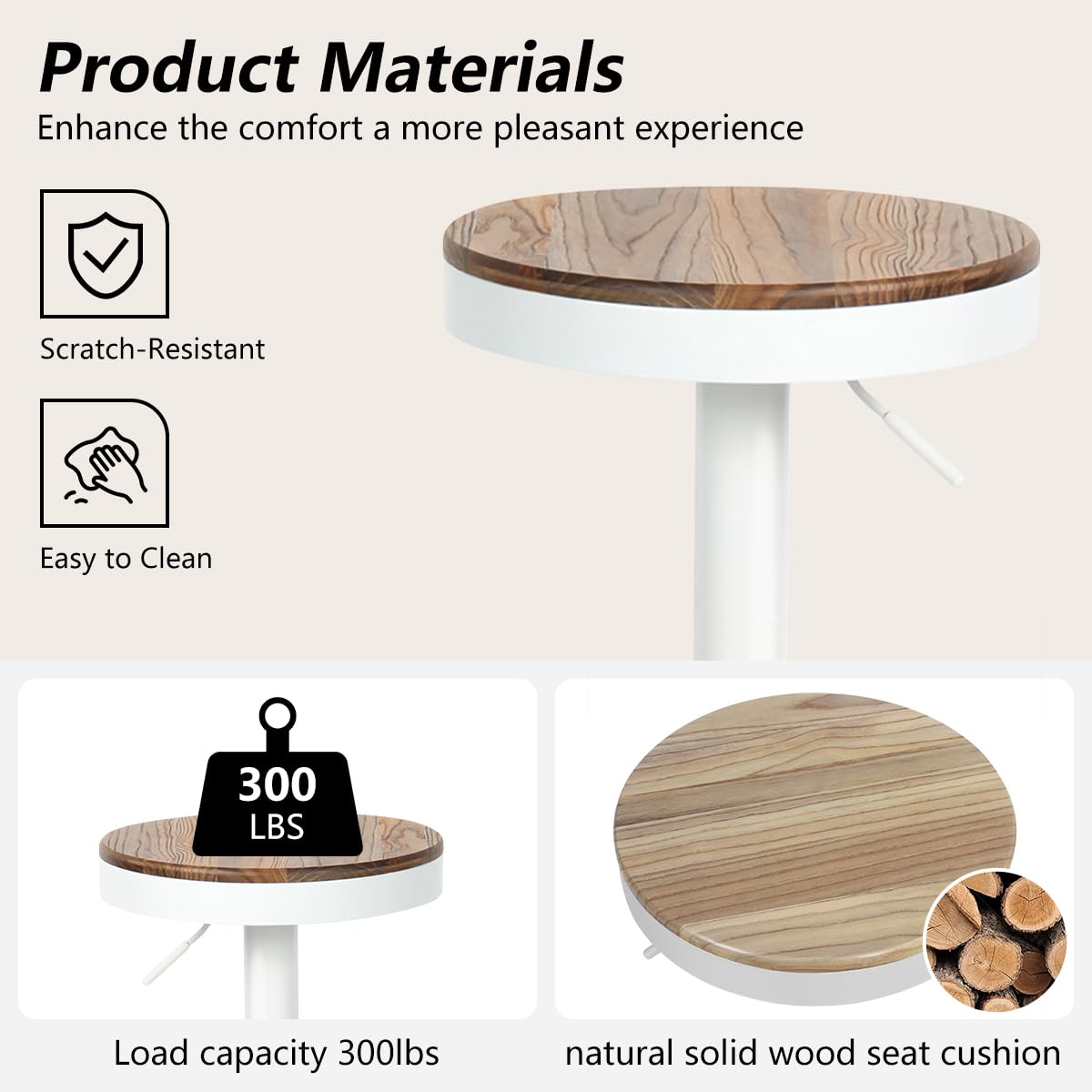 Kidol & Shellder Bar Stools Set of 2 White Round Adjustable Swivel Barstools Modern Backless Bar Chairs Wooden Seat Counter Height Stools Armless for Kitchen Island, Cafe, Dining Room