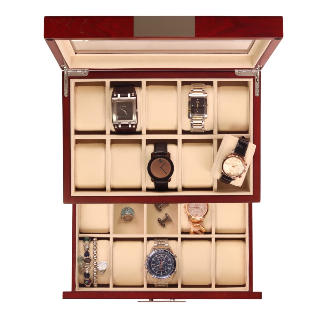 Decorebay Cherry Oak Wood 20 Slot Watch display case and Jewelry Box Storage Organizer (Darling)
