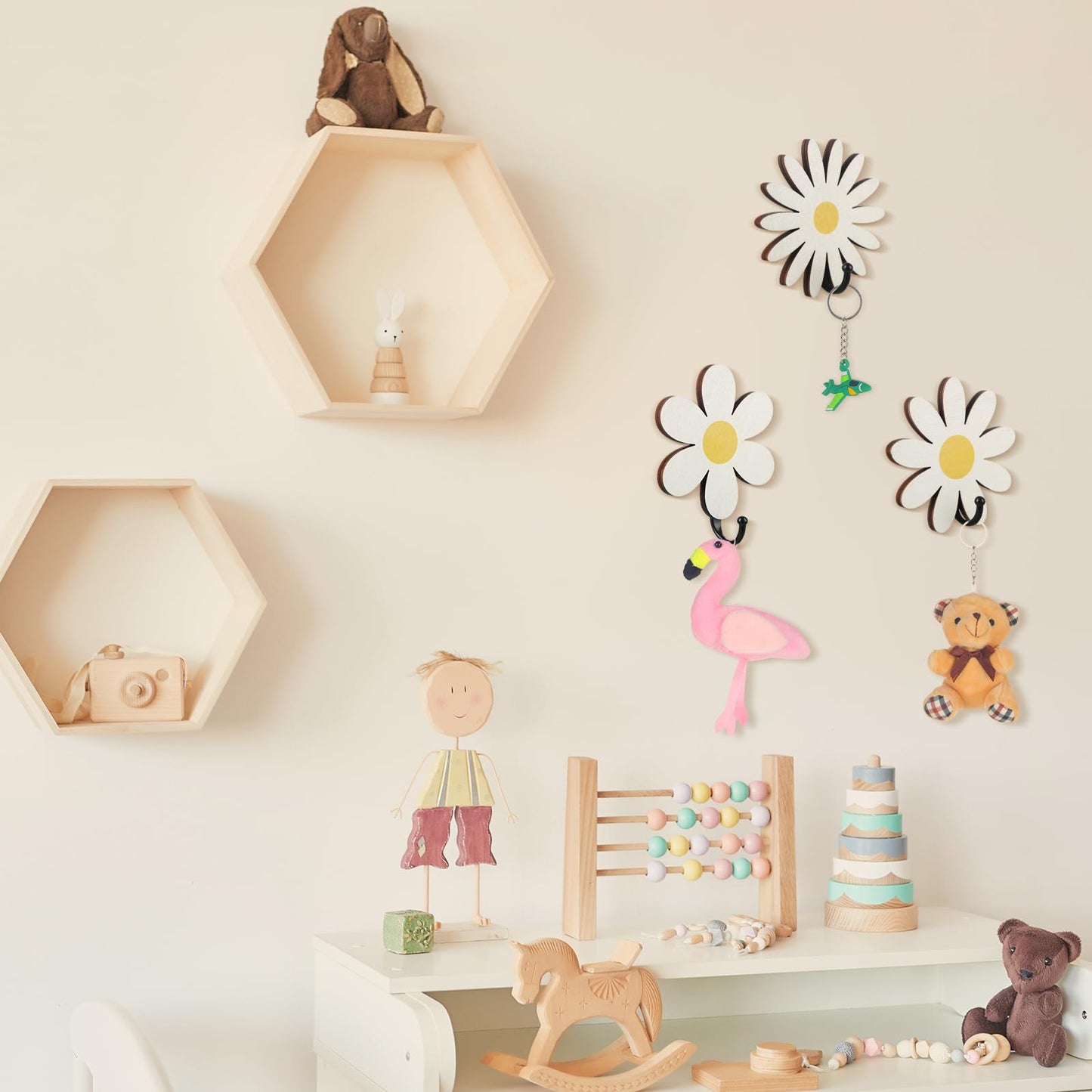 Thyle 4 Pcs Daisy Adhesive Wall Hooks Kids Bathroom Flower Hooks White Yellow Flower Wall Sticky Decor Cute Small Wooden Baby Nursery Hangers for Towels Boys Girls Bathroom Bedroom Kitchen Robe Hat