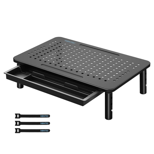 BONTEC 1 Pack Adjustable Monitor Stand Riser with Drawer, Ergonomic Mesh Platform Computer Monitor Stand for Desk, Ventilated Laptop and PC Stand with Cable Management, Supports up to 44lbs