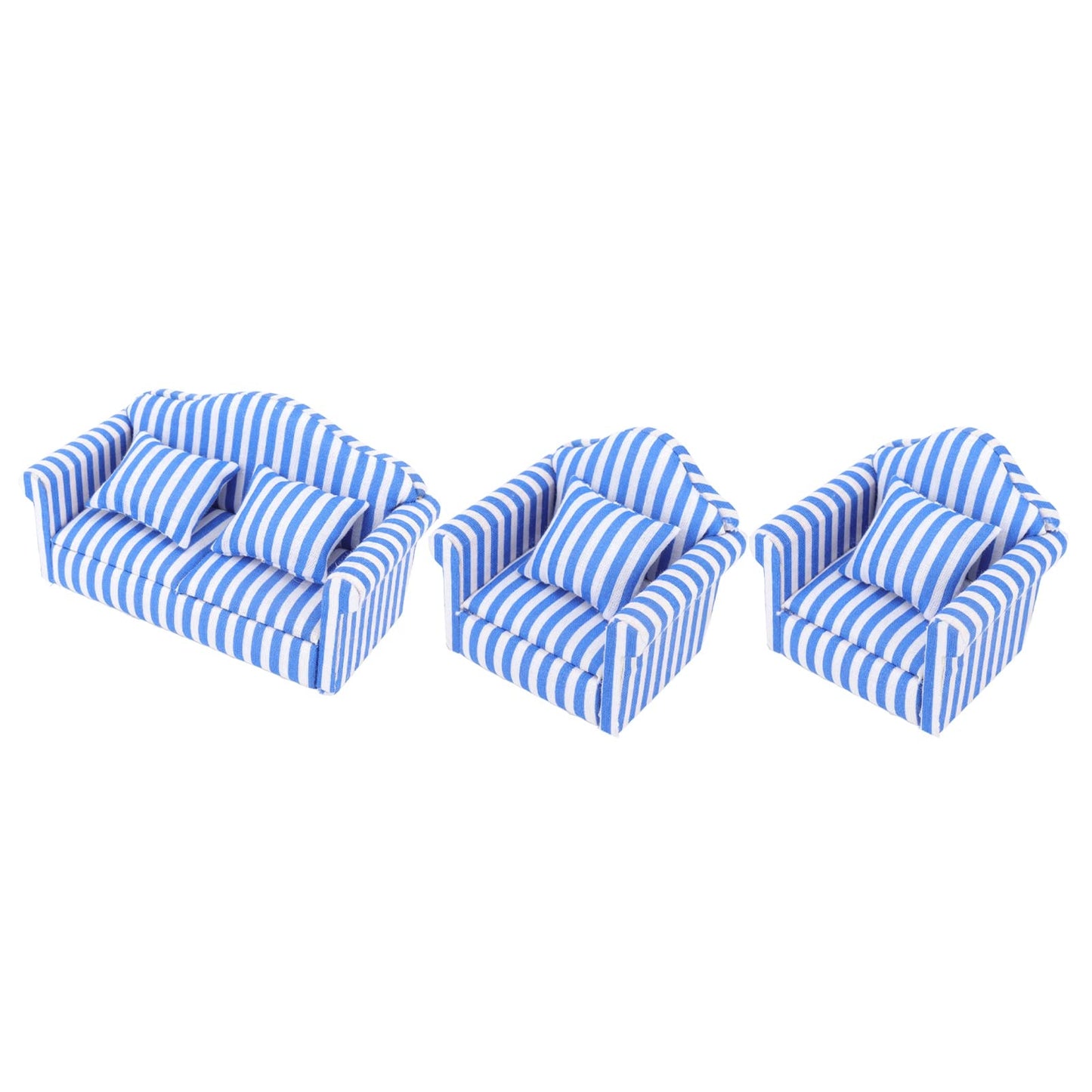 Miniature Dollhouse Sofa Set,3Pcs Pine Cloth Light Color Strip Blue 1:12 Scale Dollhouse Furniture for Collectors and Miniature Enthusiasts