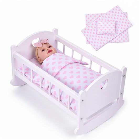 BABESIDE Wooden Baby Doll Crib for 12-16 Inch Dolls, Doll Bed with Pink Heart Bedding, Doll Furniture Baby Doll Accessories for Pretend Play, Gift for Girls Ages 3+