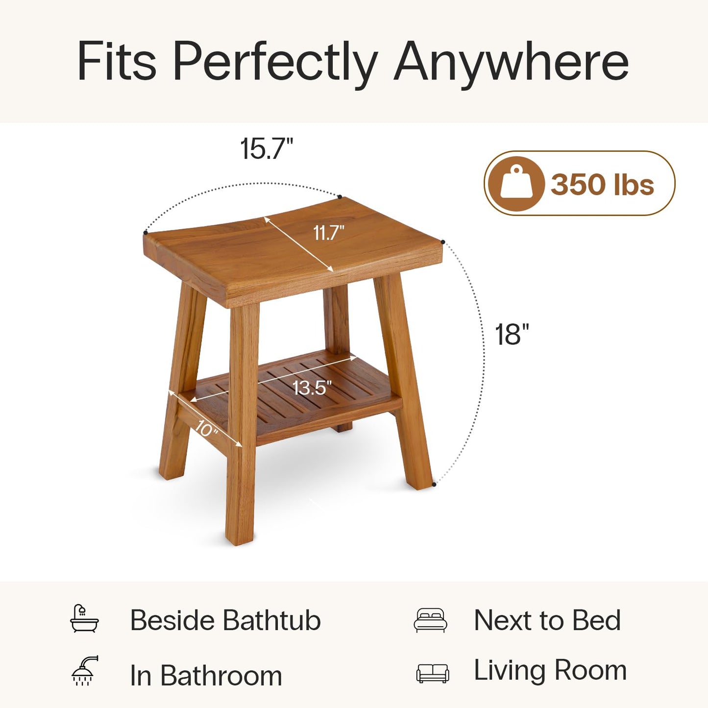 StrongTek Teak Shower Stool with Storage Shelf, 18-Inch Pre-Oiled Teak Wood Bath Seat Bench, Ergonomic Curved Seat, Easy Assembly, Water-Resistant, 350 lbs Capacity, Ideal for Bathroom, Spa & Home Use