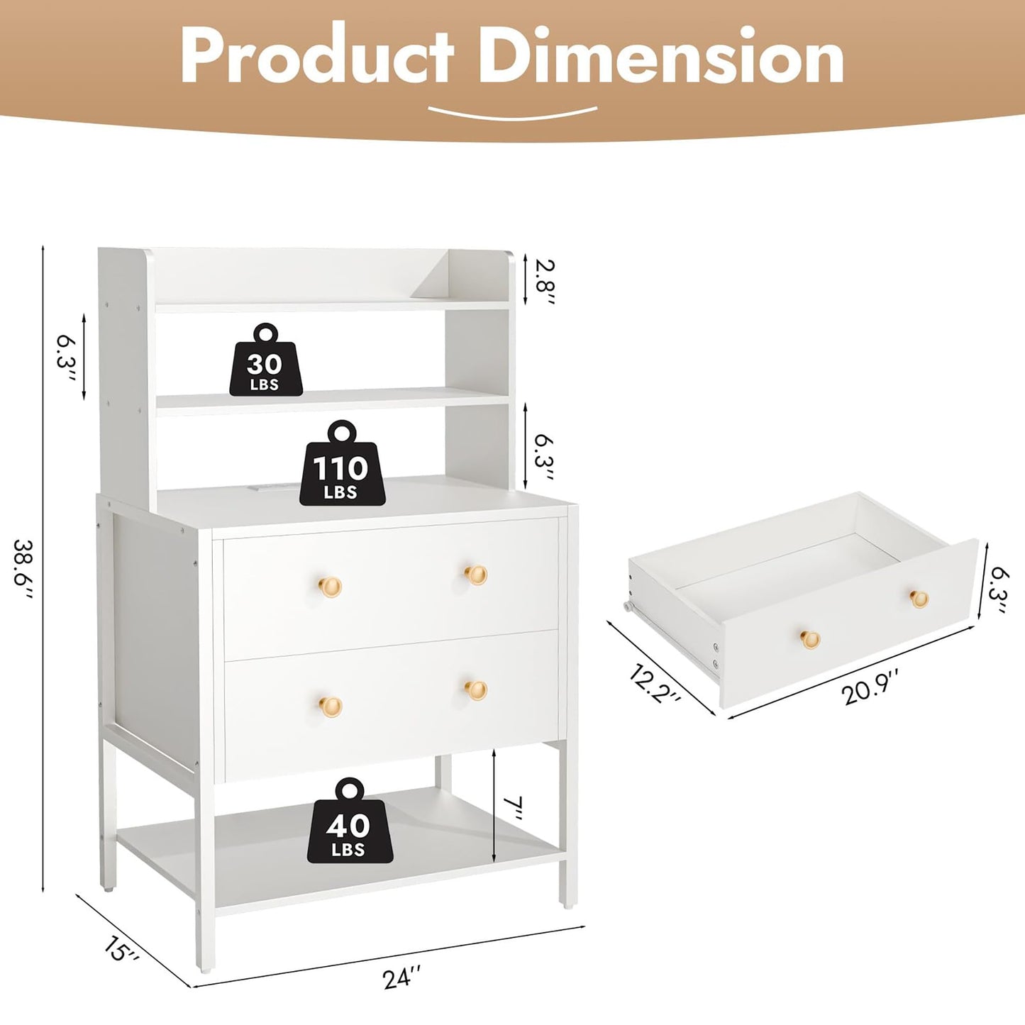 PATAVOT 24 Inch White Nightstand with 2 Drawers & Charging Station