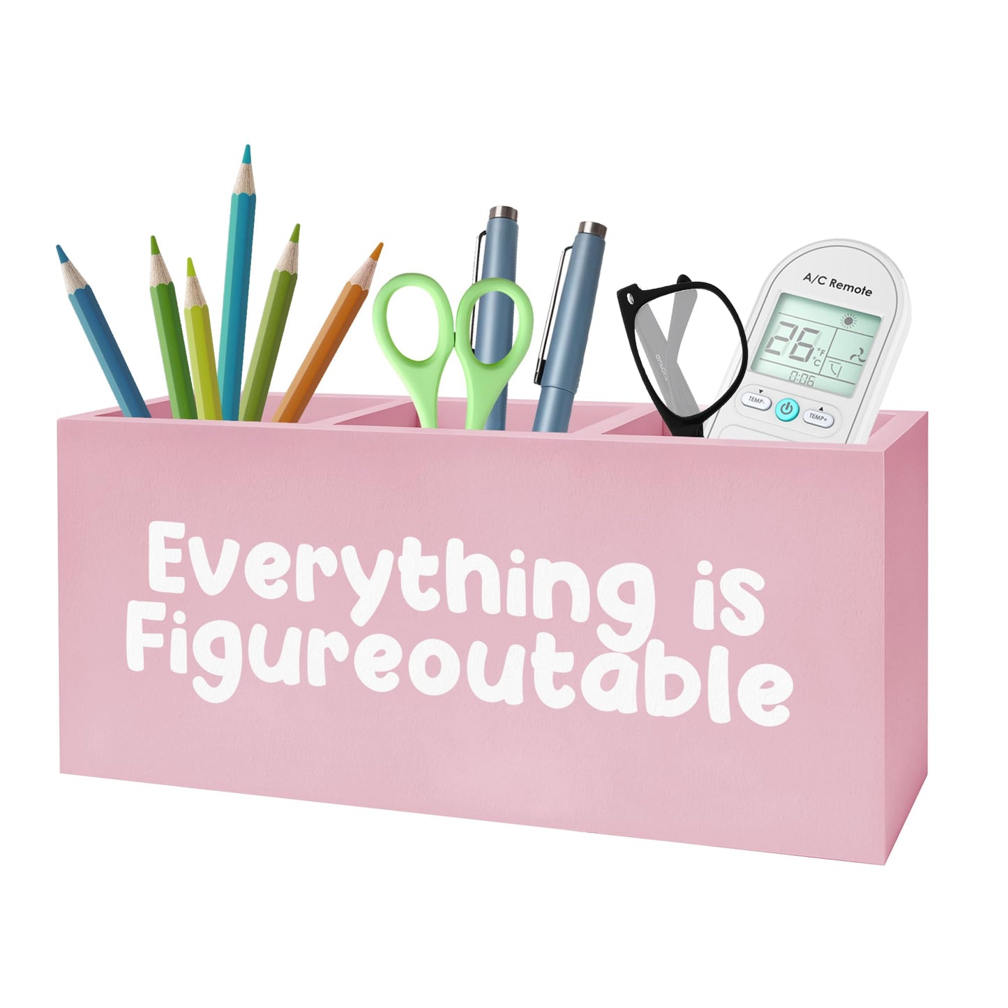 FITIE Everything Is Figureoutable Makeup Brush Toothbrush Holder, Preppy Coquette Pink Wooden Pen Pencil Holder Organizer for Dorm Bedroom Desk Accessories, Inspirational Gifts for Women