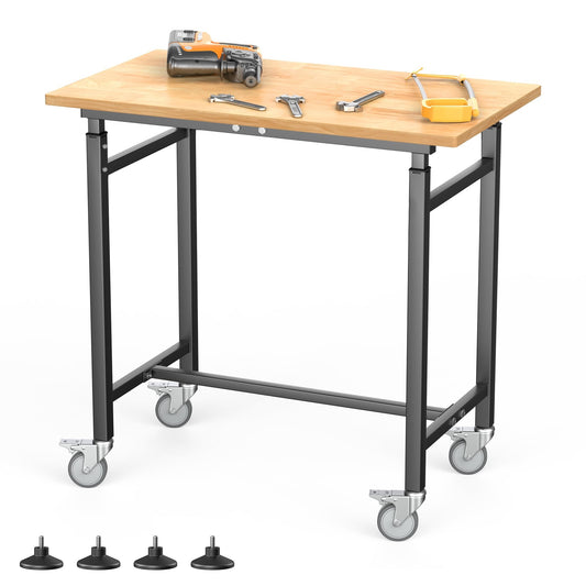 TORACK Adjustable Workbench with Rubberwood Top, Rolling 32" x 18" Heavy-Duty Garage Work Table with Wheels, Height Adjustable 28"–38"