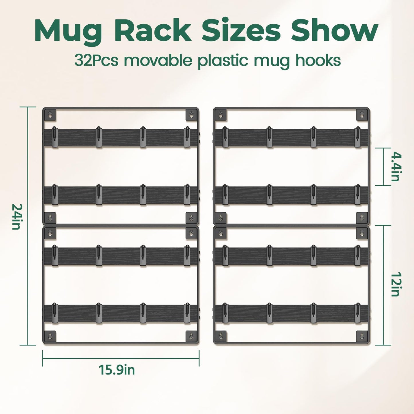 EsLuker.ly Mug Holder Hanger Rack Wall Mounted Wooden 4 Pack Coffee Cup Storage Organizer Display Shelf with 32 Movable Plastic Hooks, Ideal for Mug Collectors, Black