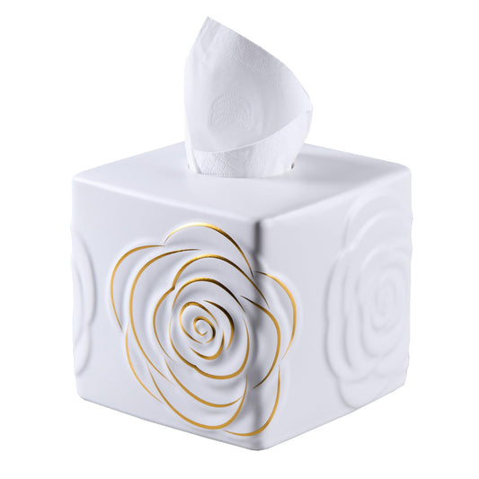 White Ceramic Cube Tissue Box Cover with Gold Rose – Large Elegant Rose Floral Square Decorative Tissue Box Holder for Bathroom, Bedroom, Office Desk, Kitchen Counter – Perfect Housewarming Gift