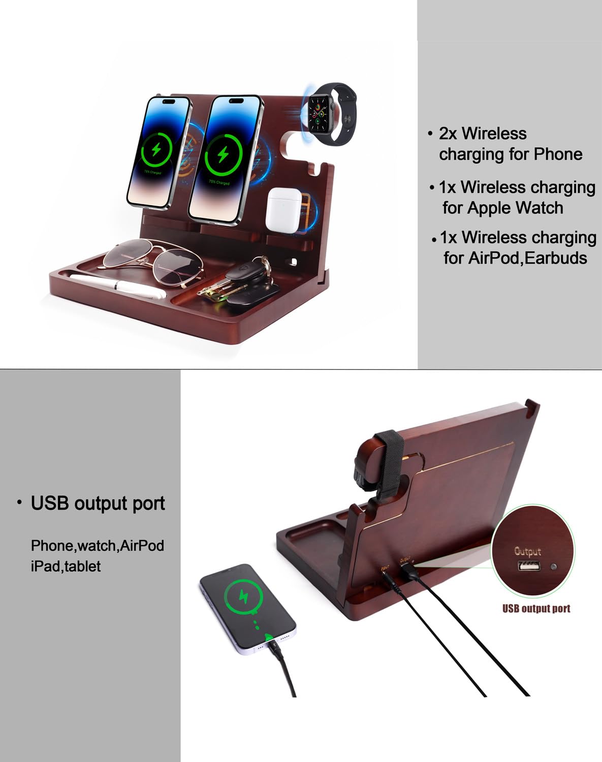 Nightstand Organizer with Dual 15W Phone Wireless Charging Station for 2 iPhone,Apple Watch and Airpods,Bamboo Wood Phone Docking Station,Gifts for Men Dad Husband