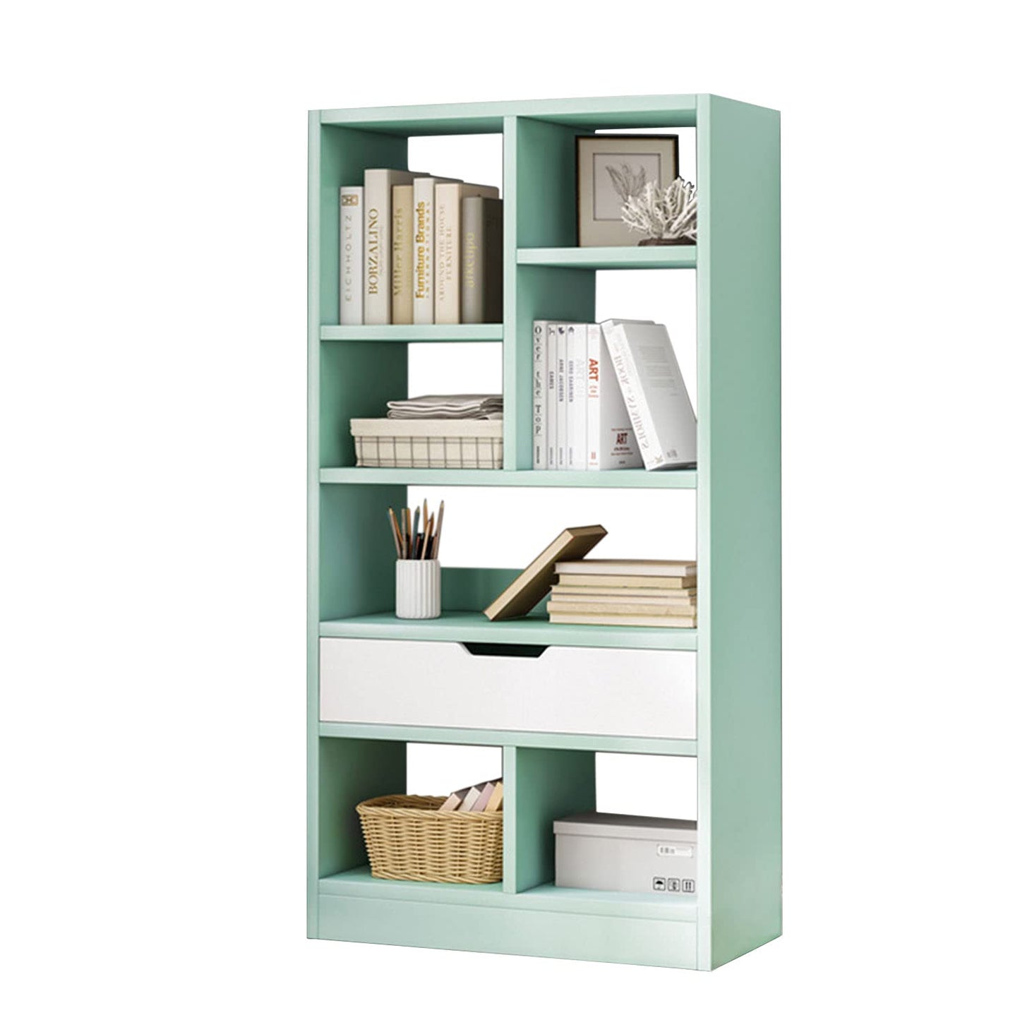 IOTXY Wooden Open Shelf Bookcase - 51 Inches Height Freestanding Display Storage Cabinet Organizer with 7 Cubes and a Drawer, Floor Standing Bookshelf in Tiffany-Green