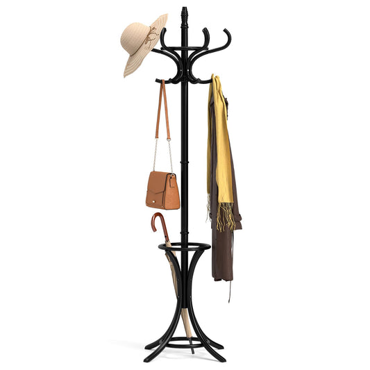 Tangkula Coat Rack with Umbrella Holder, 73 Inch Freestanding Coat Hanger Stand with 12 Hooks, Wooden Entryway Coat Tree for Clothes, Bags, Hats, Scarves, Living Room, Bedroom, Hallway (Black)