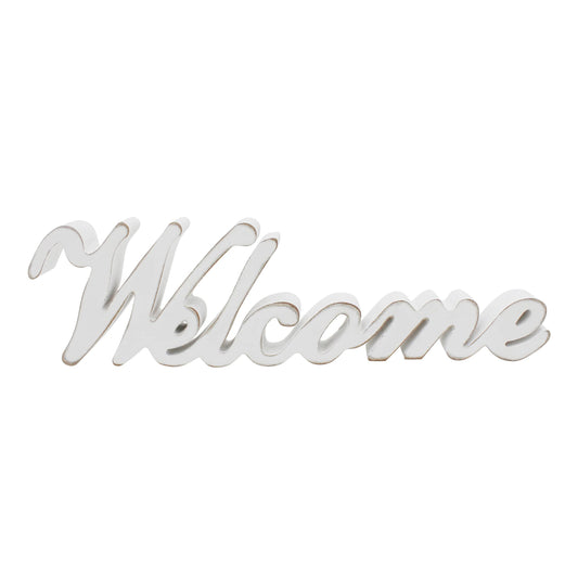 CVHOMEDECO. Rustic Vintage Distressed White Wooden Words Sign Free Standing "Welcome" Tabletop/Shelf/Home Wall/Office Decoration Art, 14-1/2 x 4-1/4 x 1 Inch