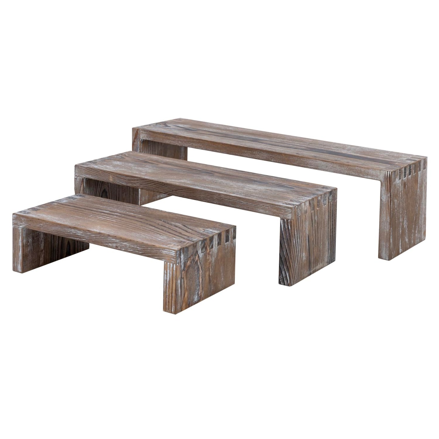 MyGift Rustic Brown Wood 3-Tier Collectibles Figurine Display Risers, Dessert Showcase Stands, Set of 3