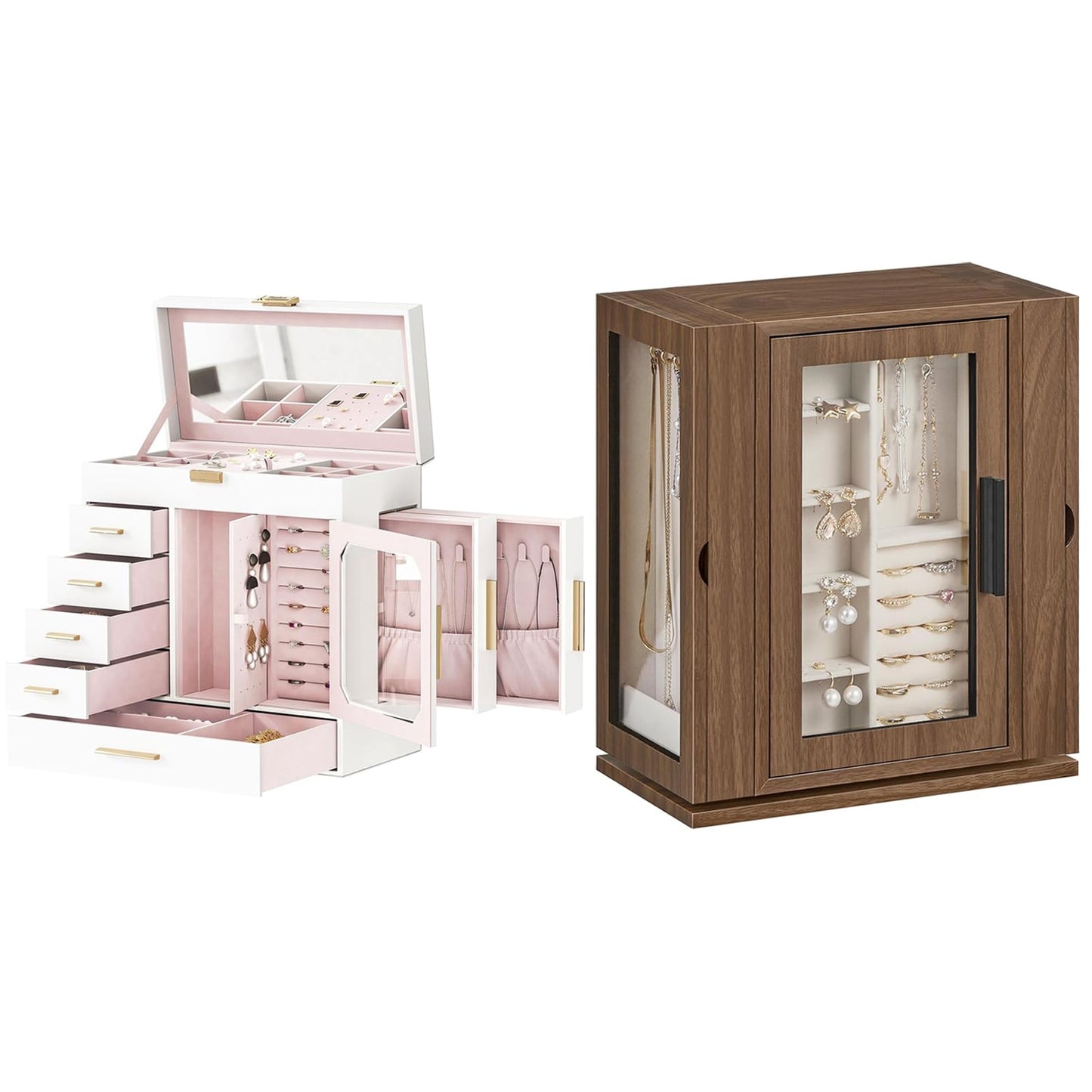 HOOBRO Jewelry Box with Mirror, Jewelry Organizer Box with Capacious Storage Space and 360° Rotating Jewelry Box, Wooden Jewelry Organizer Bundle, WT06JB04G1-BH30JB04