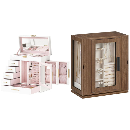 HOOBRO Jewelry Box with Mirror, Jewelry Organizer Box with Capacious Storage Space and 360° Rotating Jewelry Box, Wooden Jewelry Organizer Bundle, WT06JB04G1-BH30JB04