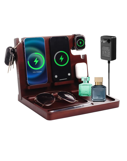 Nightstand Organizer with Dual 15W Phone Wireless Charging Station for 2 iPhone,Apple Watch and Airpods,Bamboo Wood Phone Docking Station,Gifts for Men Dad Husband