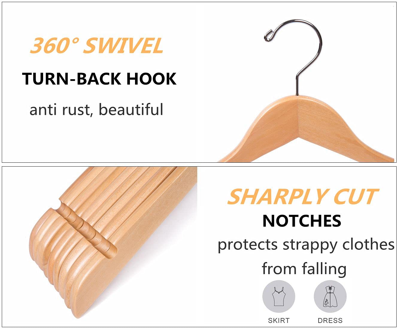 Amber Home 20 Pack Natural Wooden Shirt Hangers, Premiun Wood Coat Hangers Without bar, Clothes Hangers for Jacket, Bridal (Natural, 20)