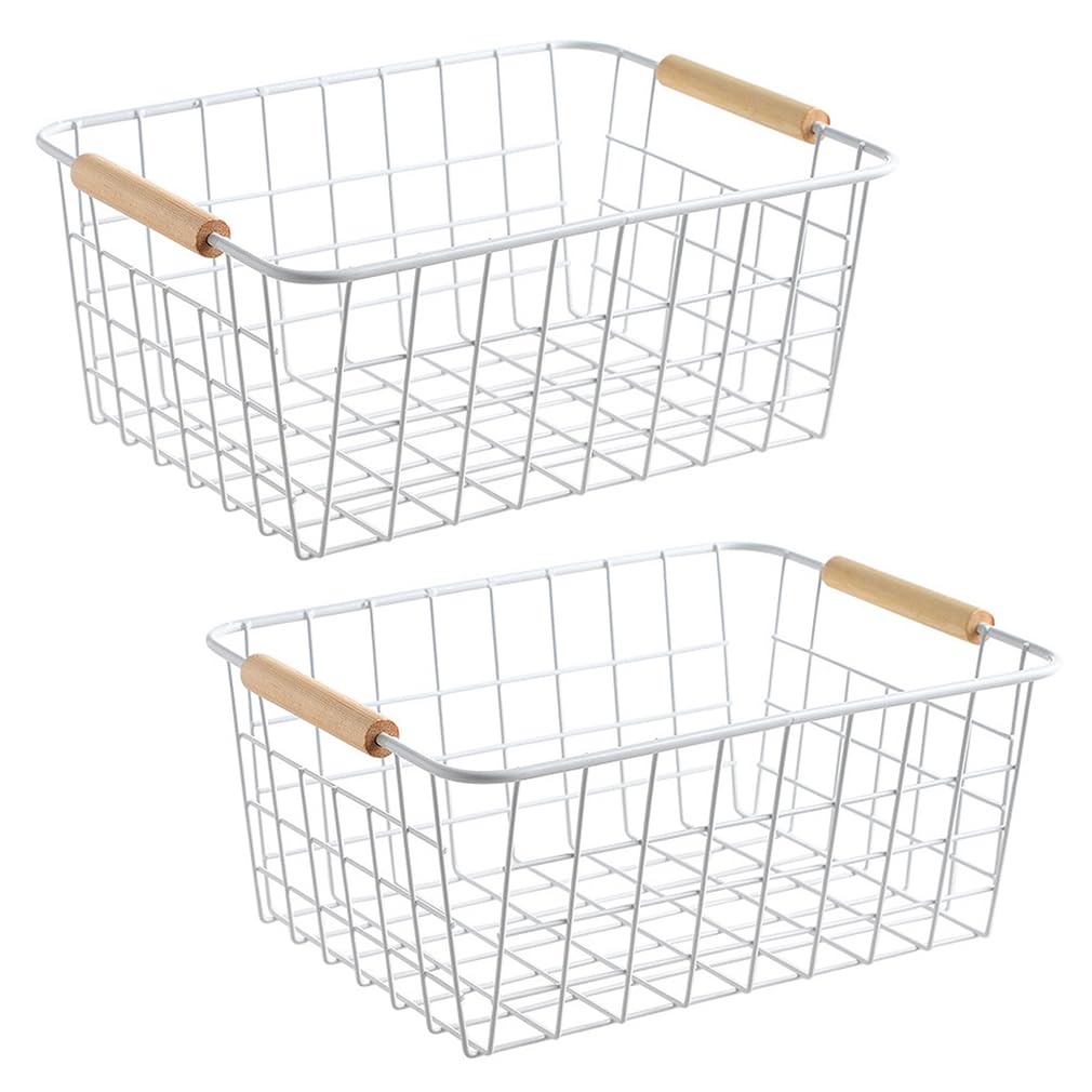 LeleCAT white wire baskets for organizing with Wooden Handles Storage Organizer Baskets, Household snack basket for Cabinets, Pantry, Closets, Bedrooms, pantry organizers and storage - Set of 2（White）