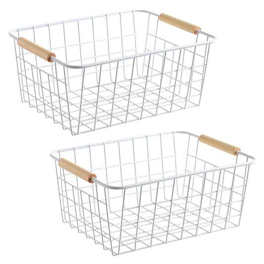 LeleCAT white wire baskets for organizing with Wooden Handles Storage Organizer Baskets, Household snack basket for Cabinets, Pantry, Closets, Bedrooms, pantry organizers and storage - Set of 2（White）