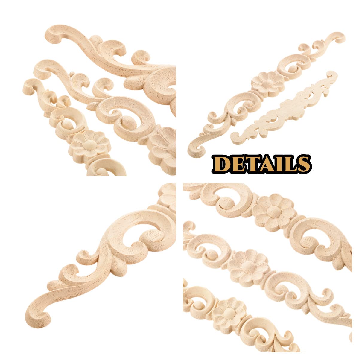 MUXSAM Wood Appliques Decorative Carved Onlays, Long Wooden Decals DIY Furniture Decor Rosette Carvings for Door Cabinet Mirror Dresser Bed Wall Fireplace Mantels, 4-Pack, 35x6cm/13.8"x2.4"