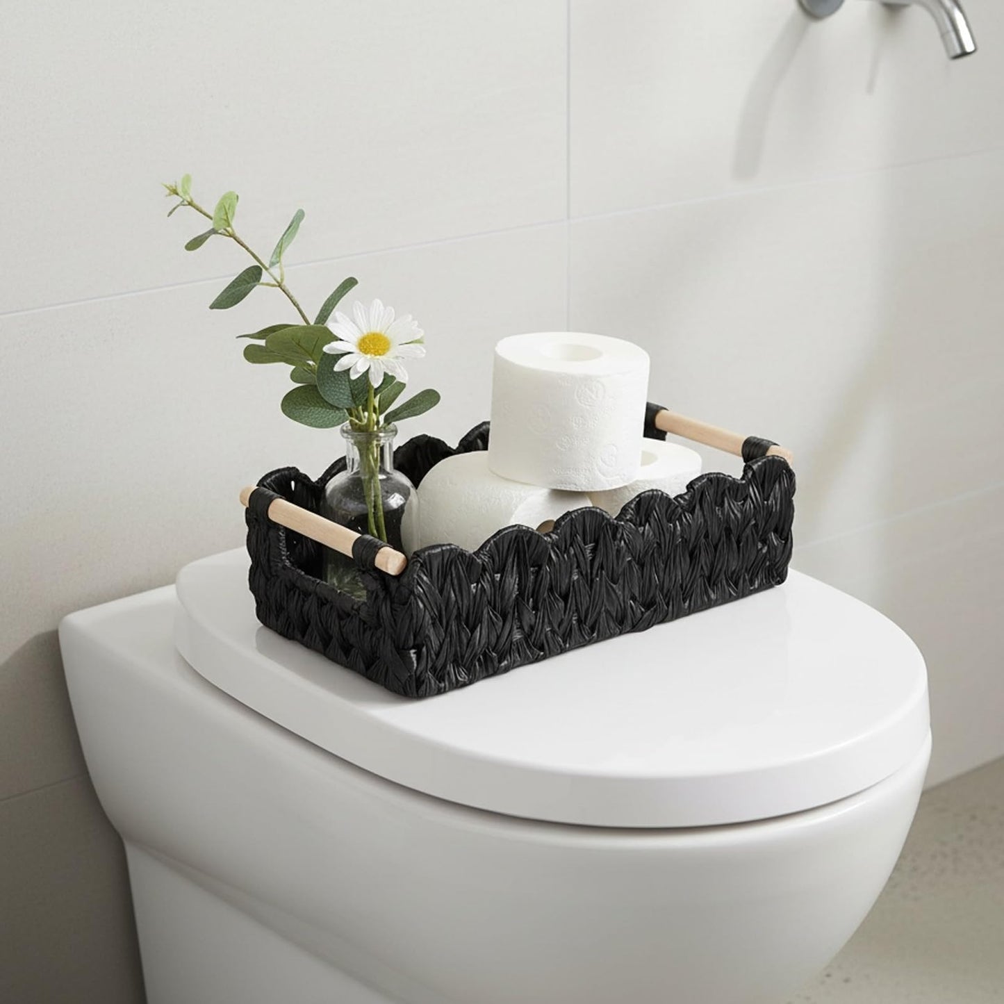 Duimbok Black Paper Rope Woven Basket, Scalloped Edge Toilet Paper Holder with Wooden Handles, Farmhouse Bathroom Storage for Over Toilet Shelf, End Table, Cozy Bedroom Decor