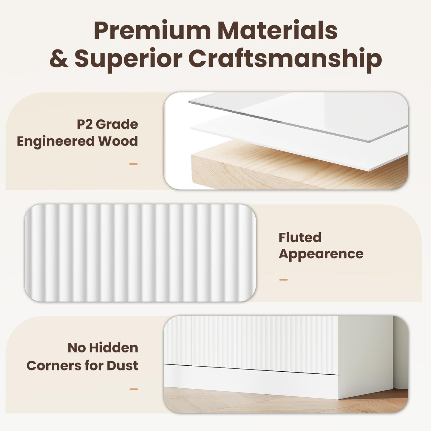 MALOL Modern Fluted 6 Drawer Dresser, Wide Wooden Storage Cabinet with Metal Handles, Silent Glide Drawers, Anti-Tip Chest for Bedroom, Living Room, White, 47 Inch