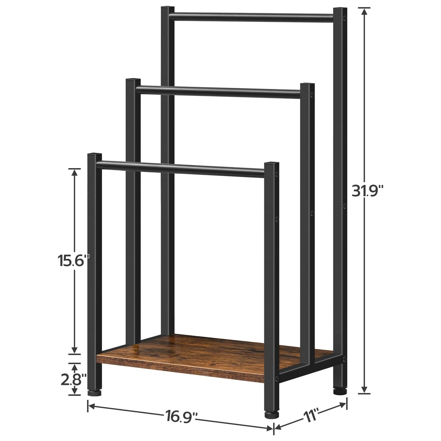 HOOBRO Free Standing Towel Rack, 3 Tier Blanket Rack, Blanket Holder for Bathroom, 16.9" L x 11" W x 31.9" H, Industrial Metal Drying and Display Rack with Shelf, Rustic Brown and Black BF03LB01