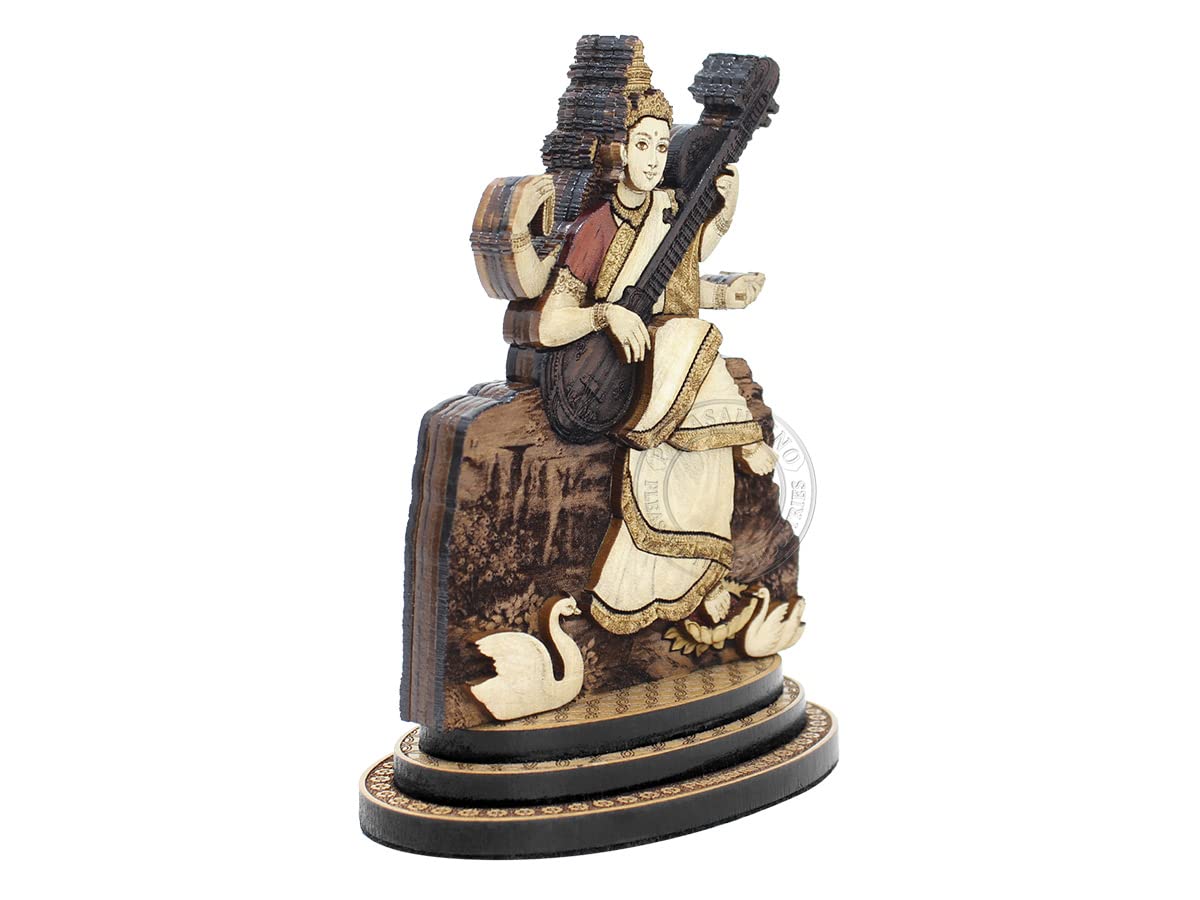 PLEASANTINO - 4 Inch Goddess Saraswati Wood Carved Statue in Exotic Hard Woods - Multi Layered Hand Made Wooden Goddess of Knowledge Idol for Car Dashboard, Home, Office, and Travel