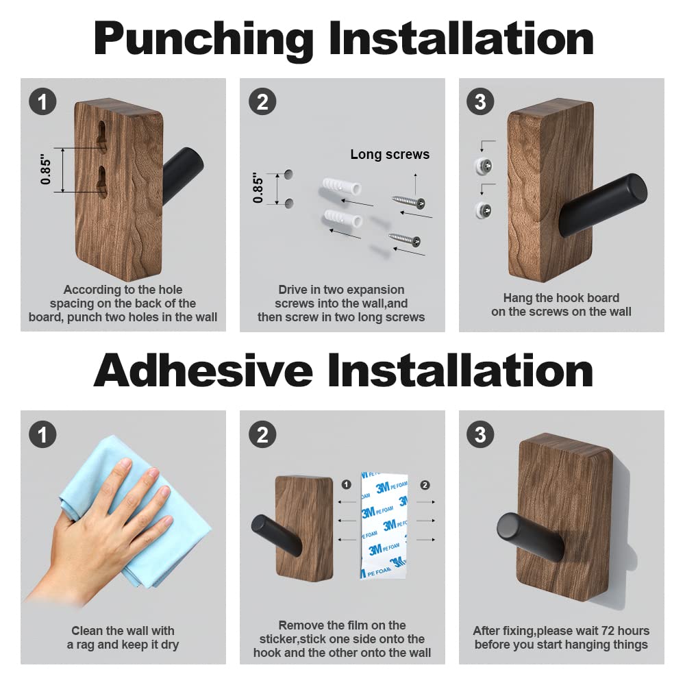 IURRDOP 4 PCS Black Walnut Wood Wall Hooks, Adhesive Mounted & Wall Mounted Rustic Decorative Entryway Hooks, Mid Century Modern Natural Wooden Pegs for Hanging Coat Clothes Hat Bag Purse and Towel
