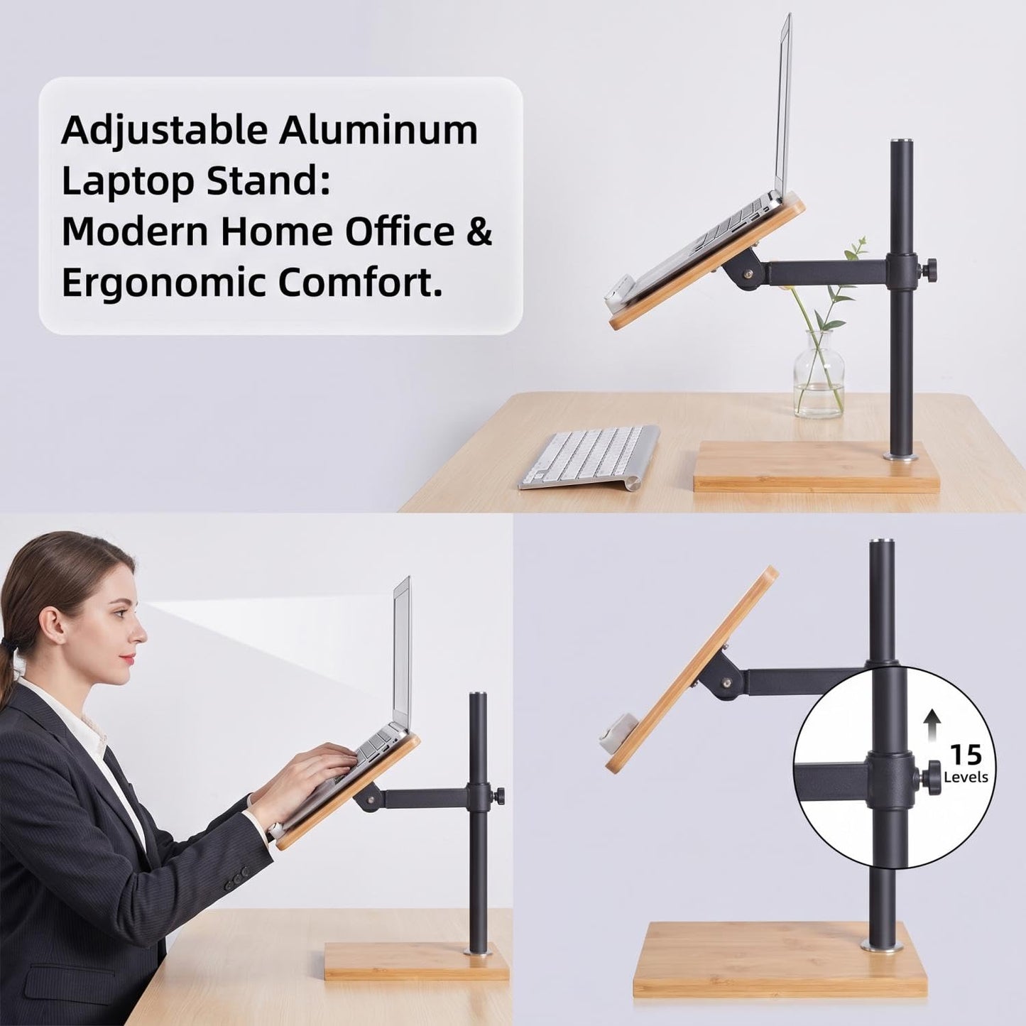 Coslony Adjustable Laptop Stand with Wood Platform and Sturdy Base, Height Adjustable Desk Mount for Laptops (Large)