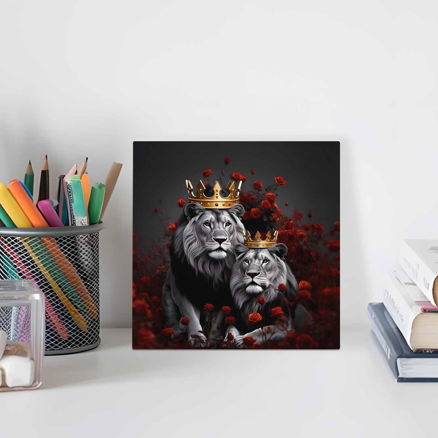Wood Box Sign Desk Decor Lions King Red Rose Flower Square Boxes Sign, Crowns Black Animal Art Wooden Block Box Sign Decoration for Home Wall Tabletop Shelf Office Decor,6x6IN