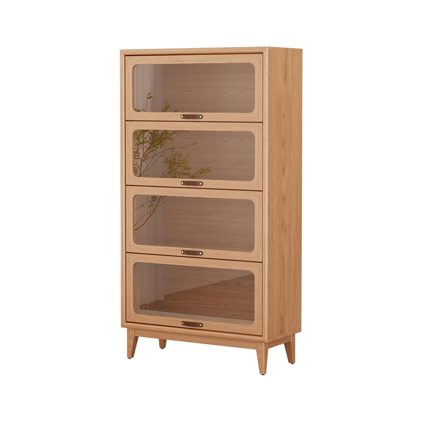 Solid Wood 4 Tier Bookcase with Tempered Glass Doors, Elegant Wooden Book Shelf with Doors 60H/32w/14 inch Log Khaki, Luxury Antique Bookcase Artwork Book Shelves/case for Home Office