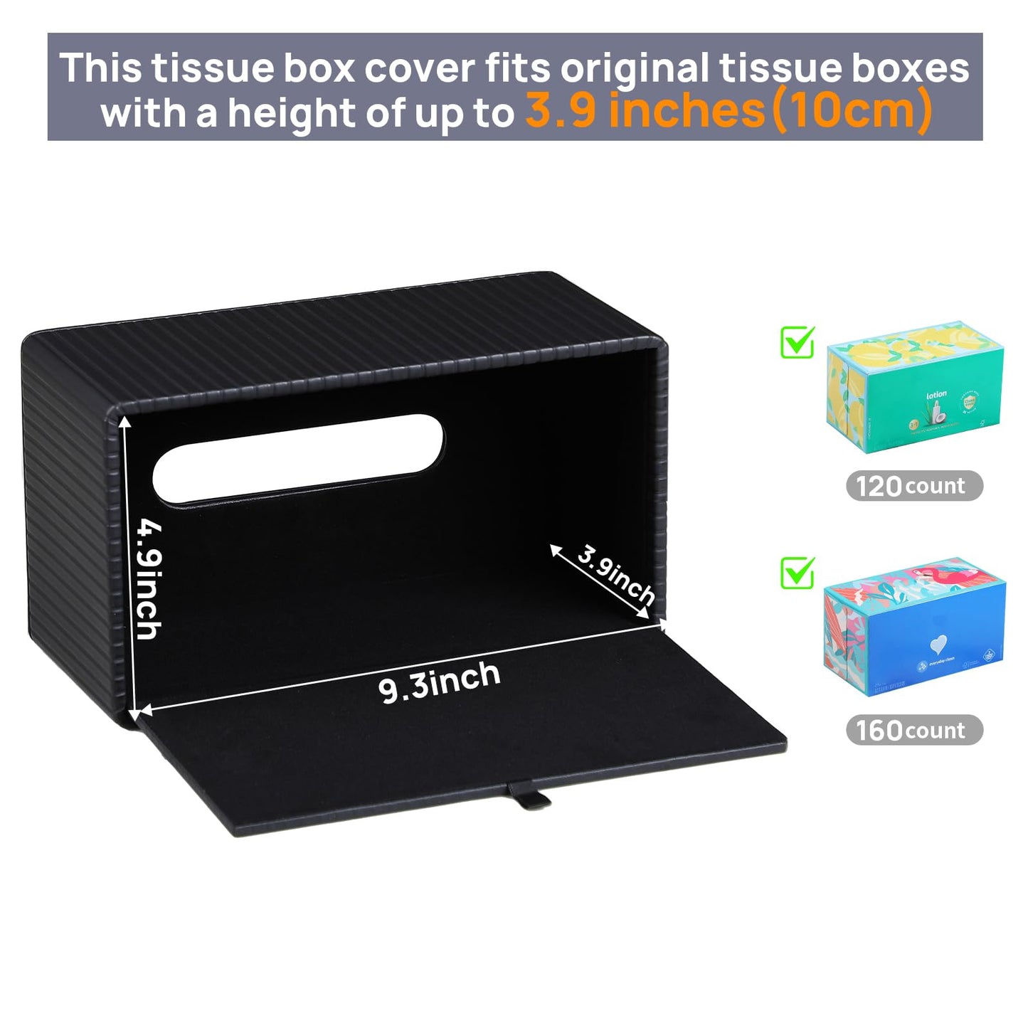 MEIBOOCH PU Leather Tissue Box Cover for up to 3.9" High Boxes, Rectangle Tissue Box Holder for Bathroom Bedroom Living Room Office (Black)