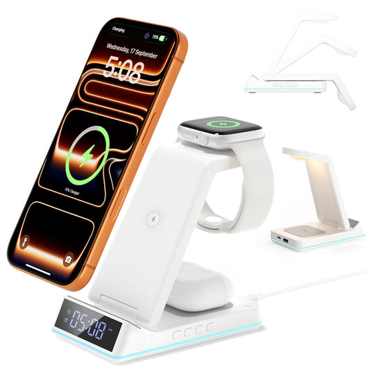 2026 Upgraded Wireless Charging Station, 7 in 1 Wireless Charger Station Foldable Charger Stand with Night Light/Alarm Clock for iPhone 17-12 Pro Max Plus, Apple Watch, AirPods Gifts for Fathers Day