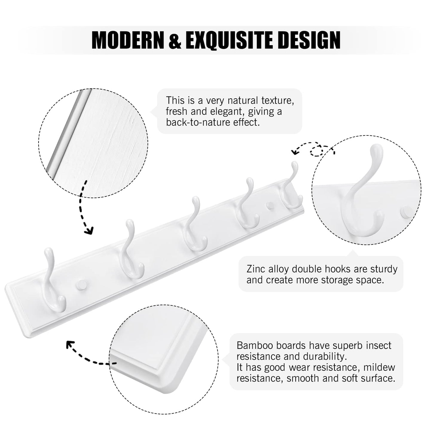 Badiano Wooden Coat Rack, Wall-Mounted Organizer for Closet, Entryway, Hallway, Foyer, Bedroom, Heavy Duty Double Hooks for Hanging Towels, Bags, Hats, Jackets, Key (White, 5 Hooks)