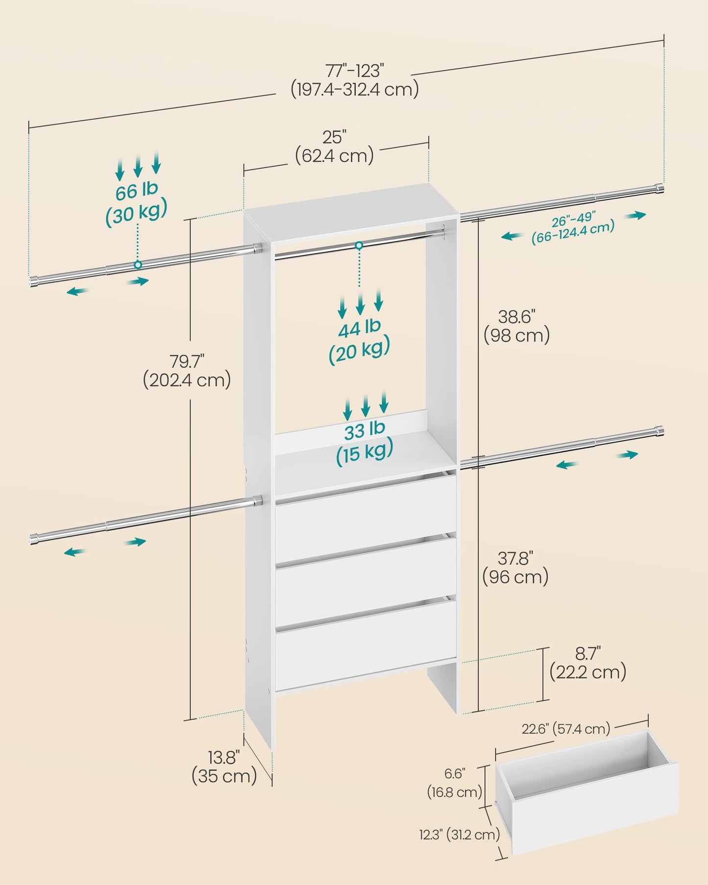 SONGMICS CUSTOS Collection - Closet System, Customizable Walk-In Closet Organizer System with Adjustable Hanging Rods and Drawers, White, Fits Spaces 6.5-10.2 ft URGR043WZ01S